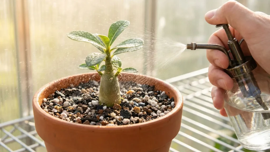 Rega correta da muda de rosa do deserto com borrifador, mostrando como fazer muda de rosa do deserto sem encharcar o substrato e evitar apodrecimento das raízes.