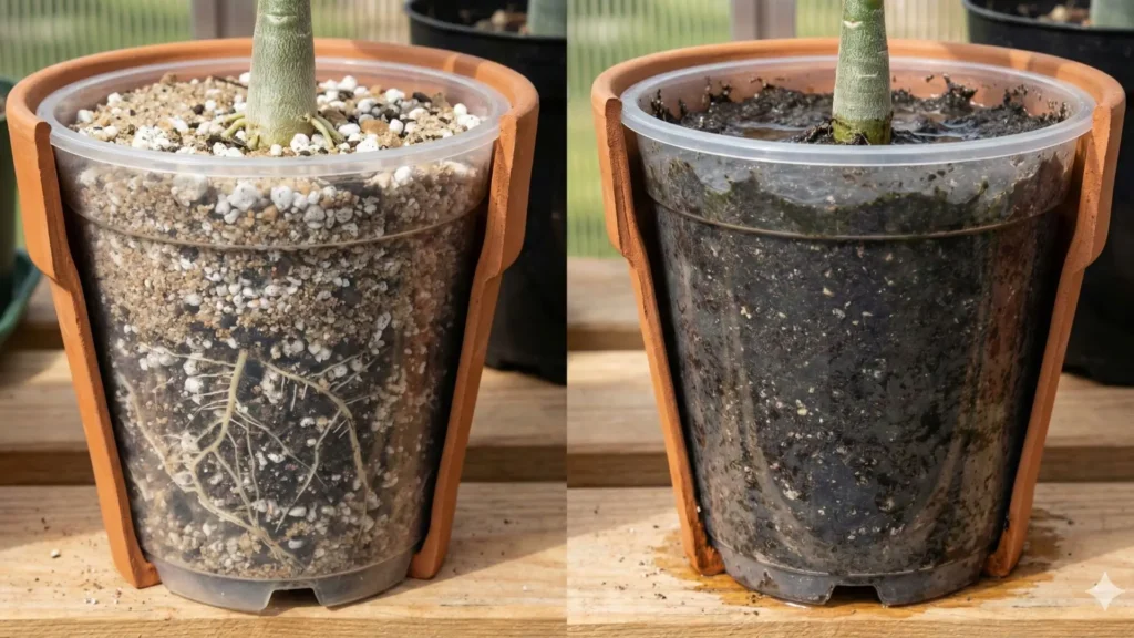Comparação entre substrato drenável e substrato encharcado em muda de rosa do deserto, mostrando como a drenagem correta influencia o enraizamento saudável da estaca.