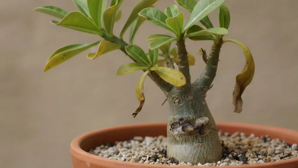 Rosa do deserto apodrecendo no vaso, com caudex danificado e folhas amareladas, mostrando sinais iniciais de podridão no cultivo.