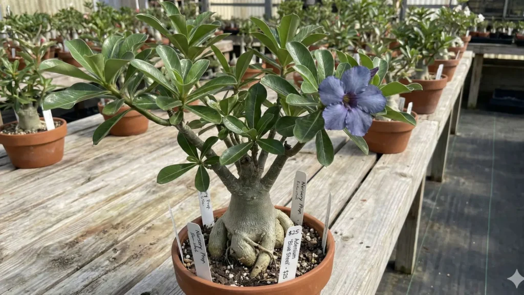 Rosa do deserto azul exposta em viveiro chamando atenção pela cor rara e diferente