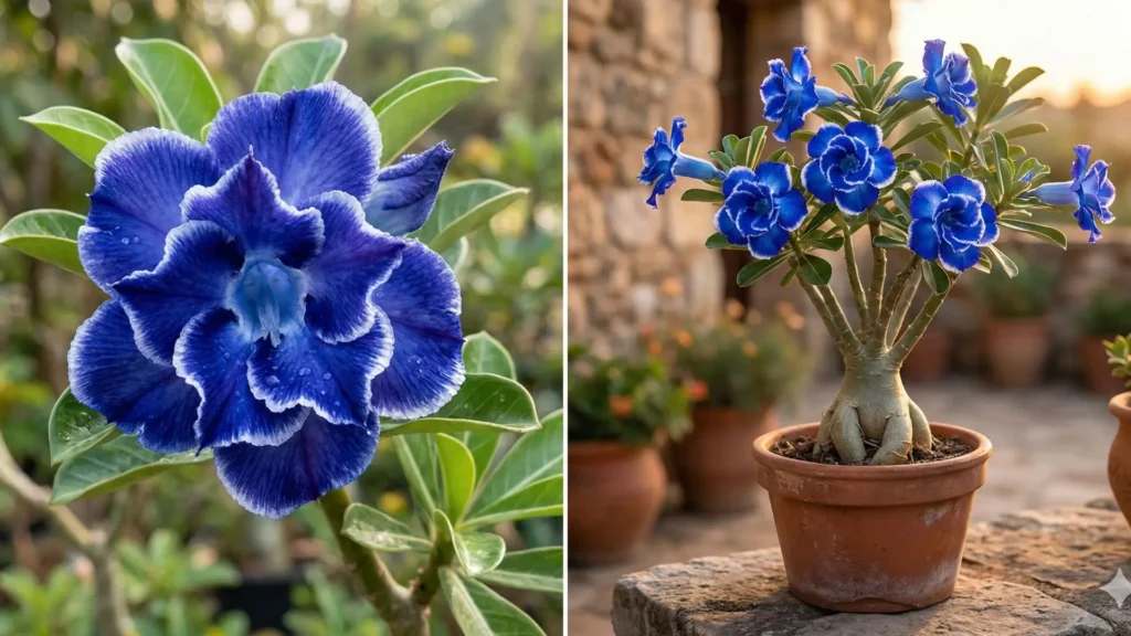 Rosa do deserto azul dobrada em vaso, usada para ilustrar a dúvida se rosa do deserto azul dobrada existe