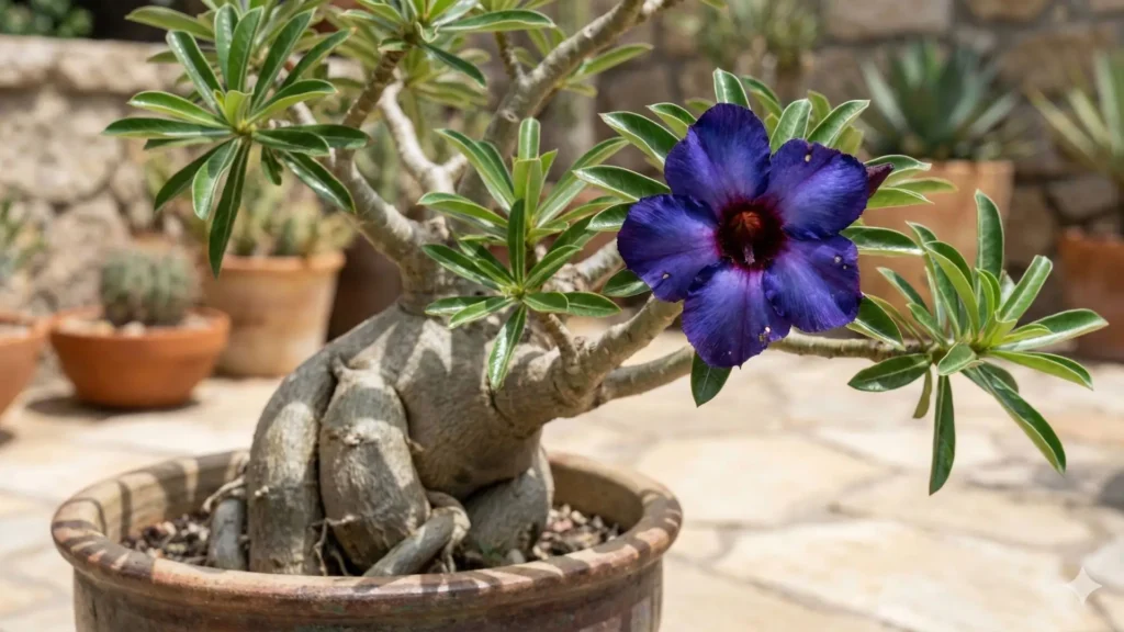 Rosa do deserto com flor azulada em vaso, usada para ilustrar a dúvida se rosa do deserto azul existe mesmo