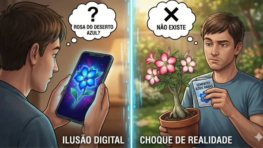 Ilustração mostrando como imagens de rosa do deserto azul enganam ao comparar ilusão digital com a planta real
