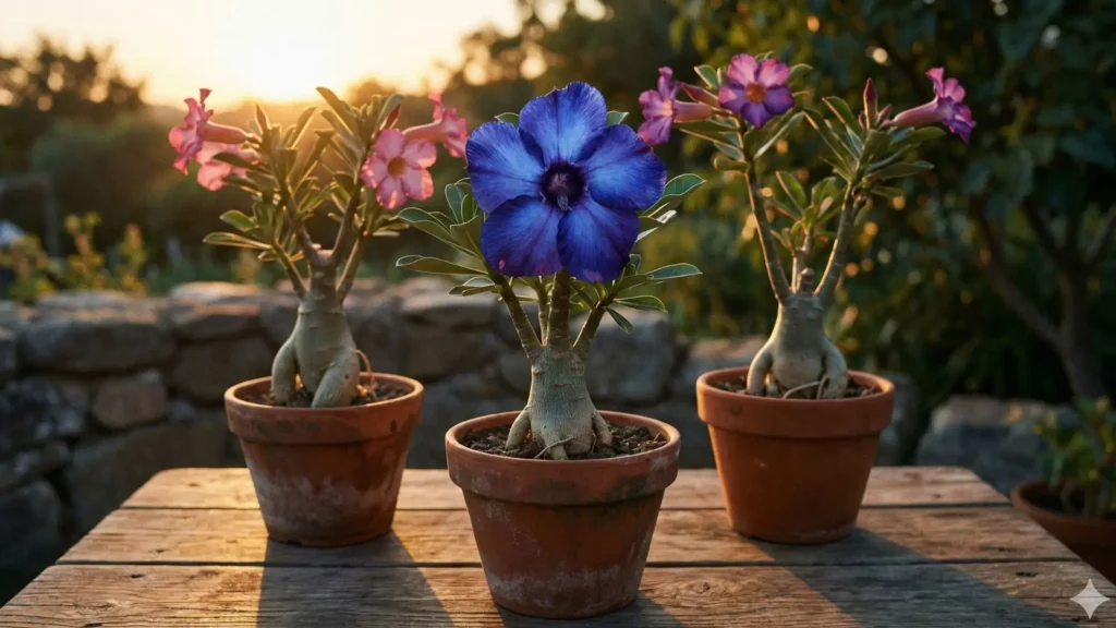 Conjunto de rosas do deserto em vasos ao entardecer ilustrando a verdade sobre a rosa do deserto azul