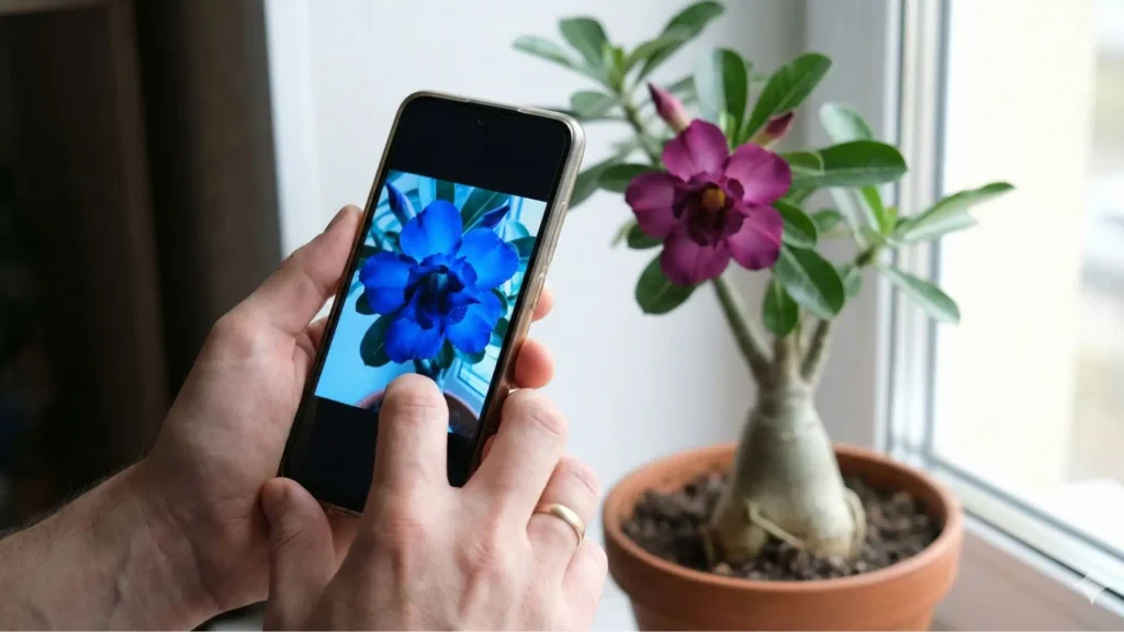Pessoa fotografando rosa do deserto azulada no celular enquanto a planta real apresenta cor arroxeada