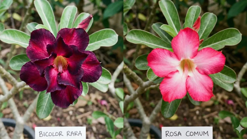 Comparação entre rosa do deserto bicolor considerada rara e rosa do deserto comum, mostrando diferenças reais de contraste e intensidade de cor no cultivo