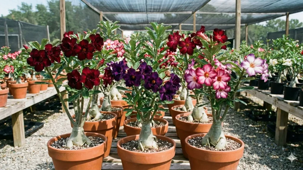 Rosa do deserto com cores raras em tons escuros e bicolores cultivadas em viveiro, mostrando variações naturais que definem raridade