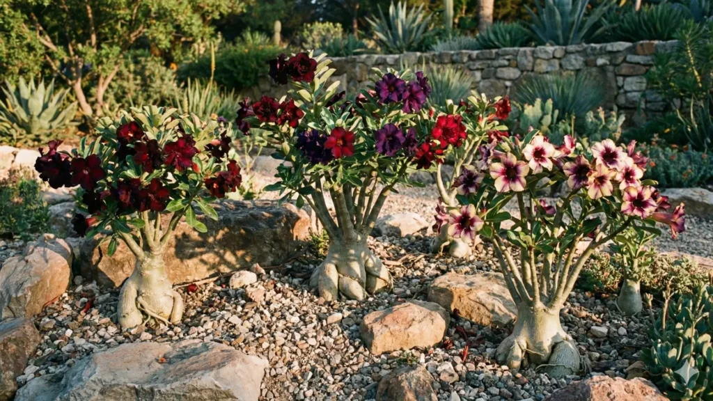 Rosas do deserto com diferentes cores raras cultivadas em jardim, mostrando plantas adultas que desenvolveram tons especiais ao longo do tempo
