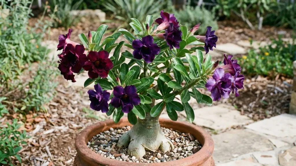 Rosa do deserto com cores raras em tons vinho e roxo escuro cultivada em vaso, exibindo flores naturais de pigmentação incomum