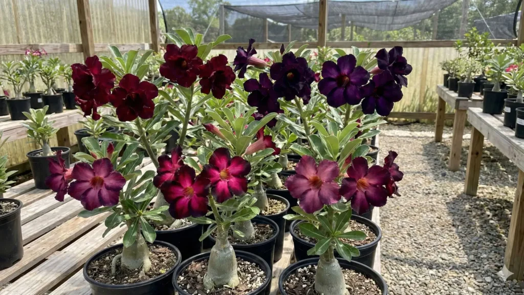 Rosa do deserto com cores raras em tons de vinho profundo, roxo escuro e mesclas intensas cultivadas em viveiro especializado