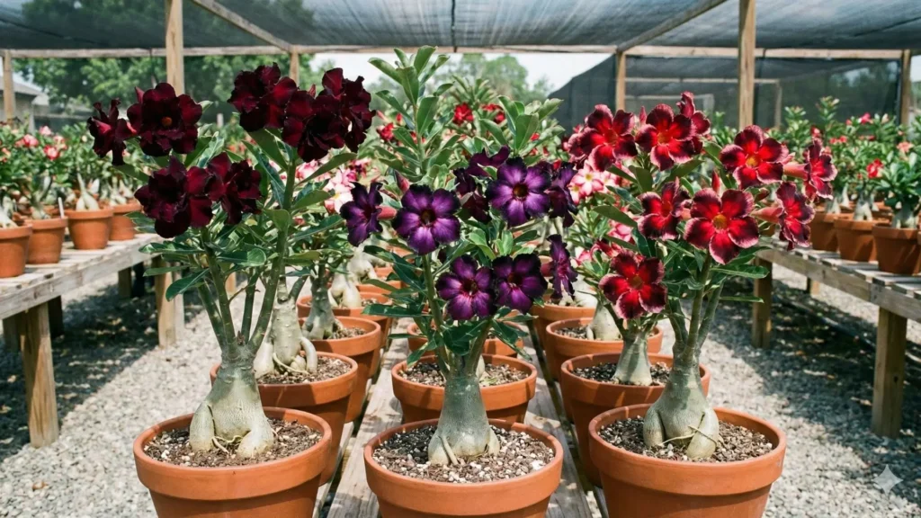 Rosas do deserto com cores raras em tons de roxo profundo, vinho escuro e vermelho intenso cultivadas em viveiro, mostrando variações reais de cor além dos nomes comerciais