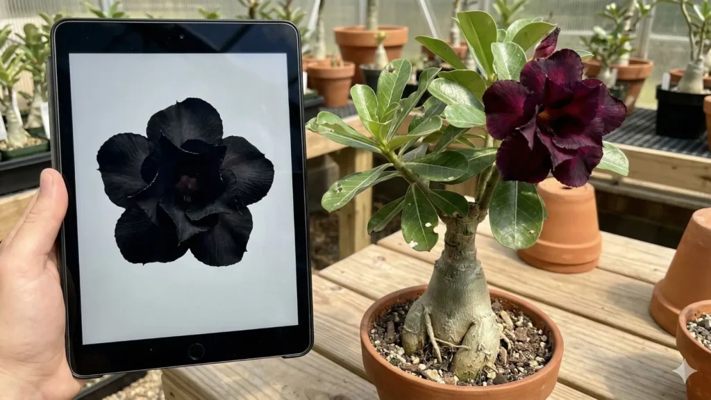 Comparação entre imagem digital de rosa do deserto com flor preta e planta real com coloração escura natural