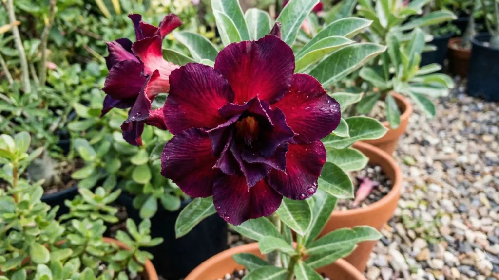 Rosa do deserto com flor em tom vinho profundo e bordô escuro cultivada em vaso, exemplificando variedades consideradas raras pela intensidade e profundidade da cor