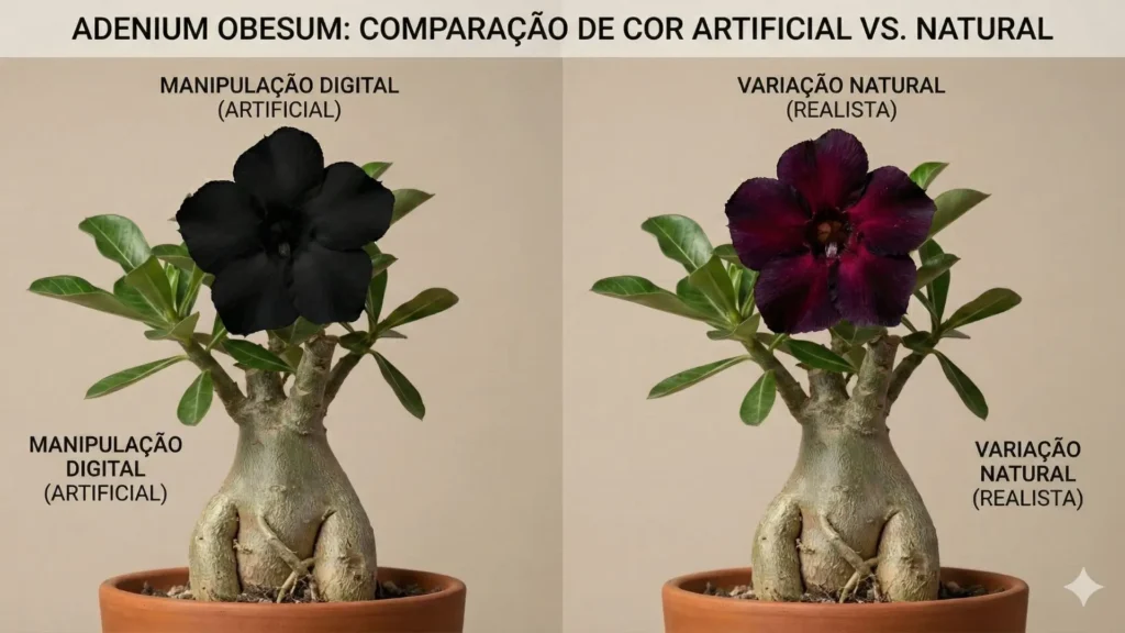 Comparação entre rosa do deserto preta artificial e variação natural escura em Adenium obesum