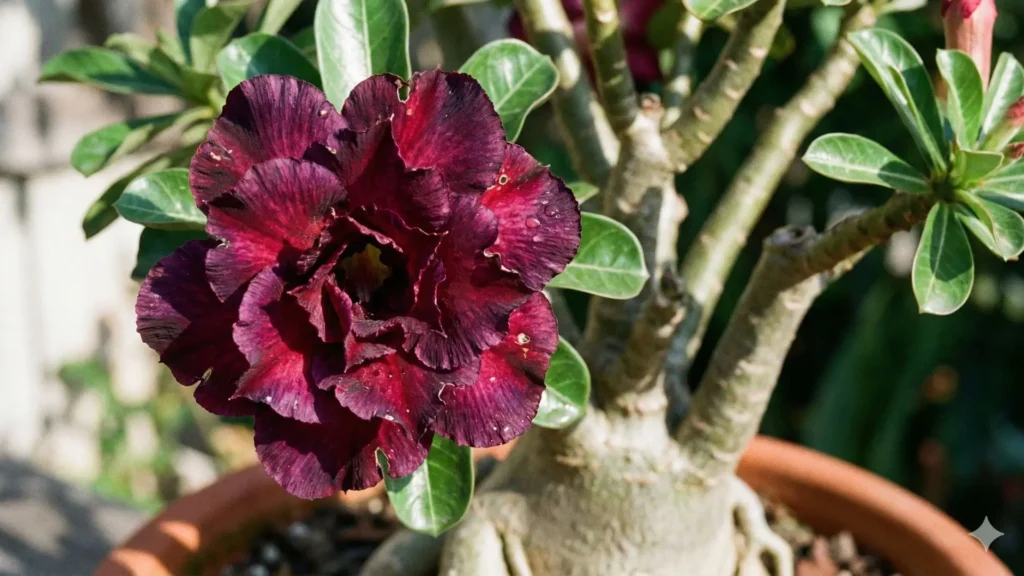 Rosa do deserto com flor dobrada em tonalidade muito escura, próxima do preto, em tons profundos de vinho