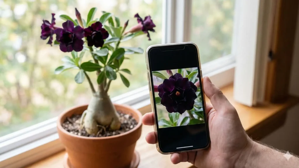 Rosa do deserto preta fotografada em vaso ao lado de um celular exibindo a mesma flor em tom escuro