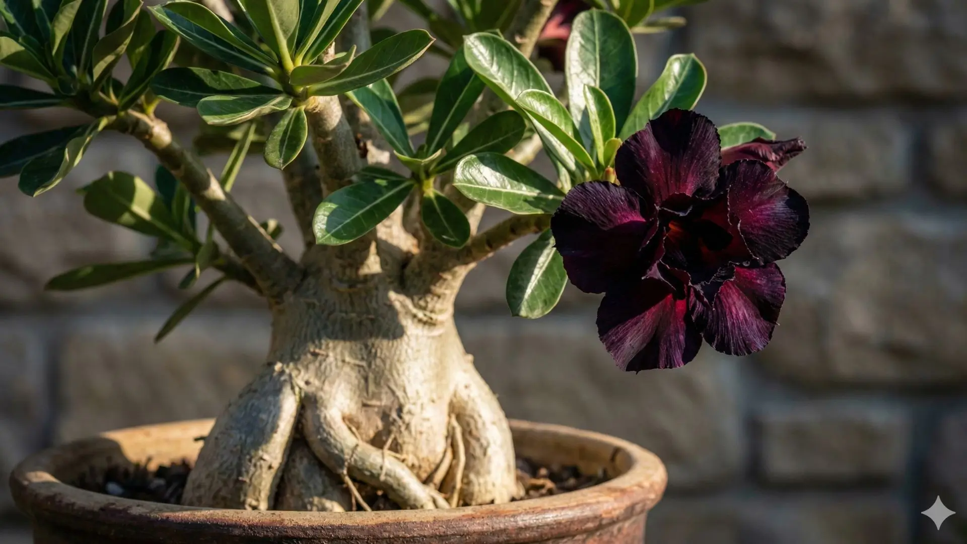Rosa do deserto com flor em tom muito escuro que parece preta, destacando o caudex e a floração intensa