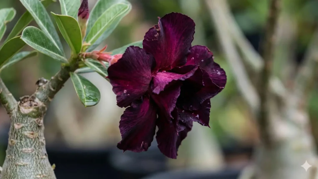 Rosa do deserto com flor de tonalidade quase preta, apresentando pétalas em vinho muito escuro