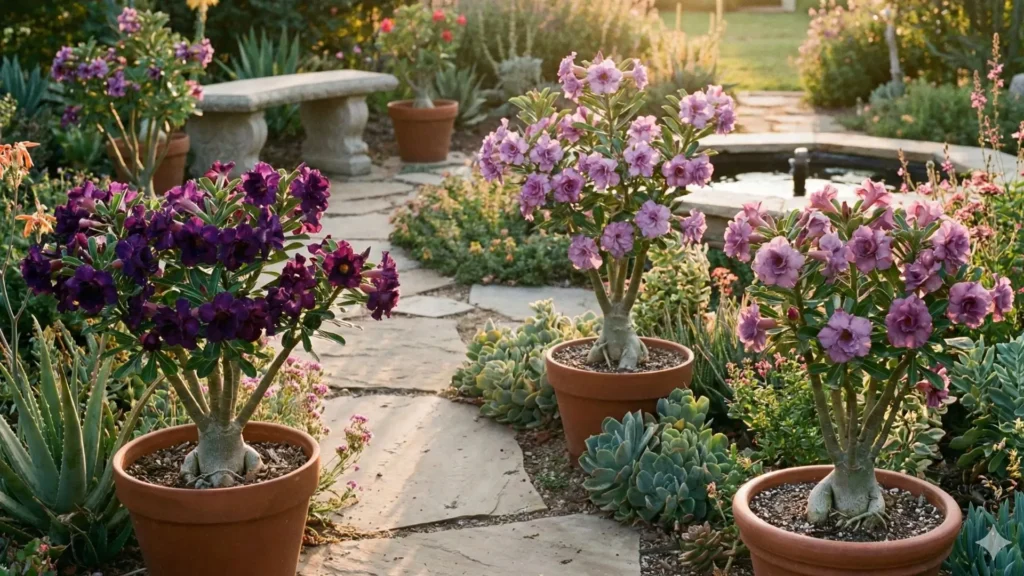 Vasos de rosa do deserto roxa com diferentes tonalidades de flores dispostos em um jardim, mostrando variações naturais de cor sem ilusão visual