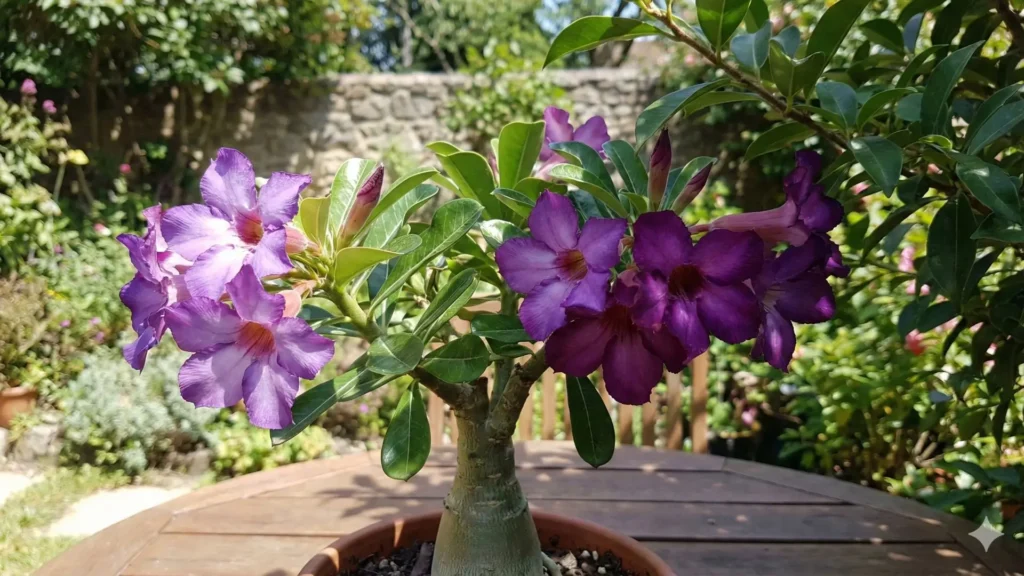 Rosa do deserto roxa cultivada em vaso, com flores em tons naturais de lilás e roxo profundo em ambiente externo