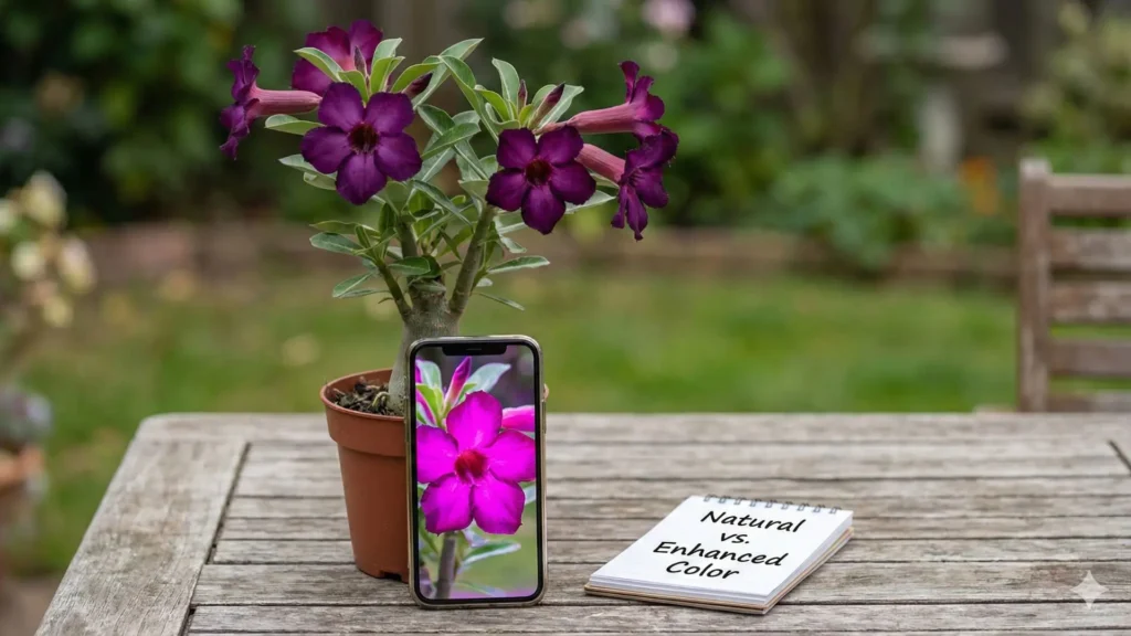 Rosa do deserto roxa em vaso ao lado de celular exibindo foto com cor intensificada, mostrando diferença entre imagem digital e aparência ao vivo
