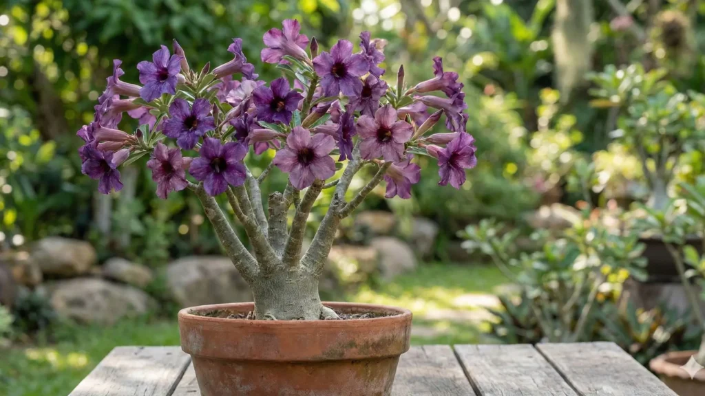 Rosa do deserto roxa em vaso, com múltiplas flores em tons de roxo e lilás, mostrando a influência genética e a pigmentação natural da planta