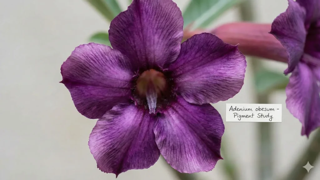 Flor de rosa do deserto roxa em close, com pétalas em tons de roxo e lilás e centro mais escuro que causa dúvida sobre a cor real