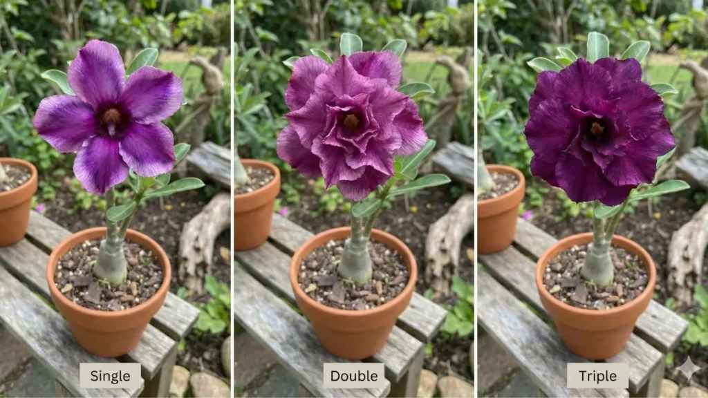 Rosa do deserto roxa em três variações de flor, simples, dobrada e tripla, mostrando diferenças na quantidade de pétalas e na intensidade da cor