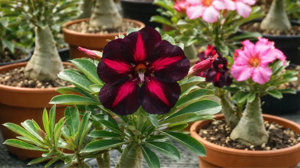 Rosa do deserto viúva negra cultivada em vaso ao lado de outras rosas do deserto de diferentes cores, mostrando a diversidade da planta