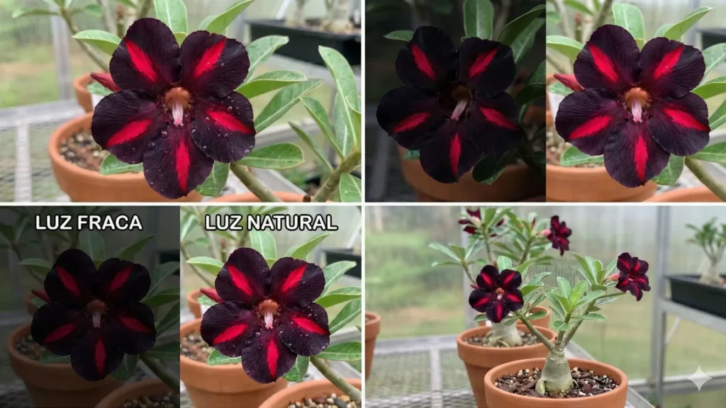 Rosa do deserto viúva negra apresentada sob luz fraca e luz natural, mostrando como a iluminação altera a percepção da cor escura da flor