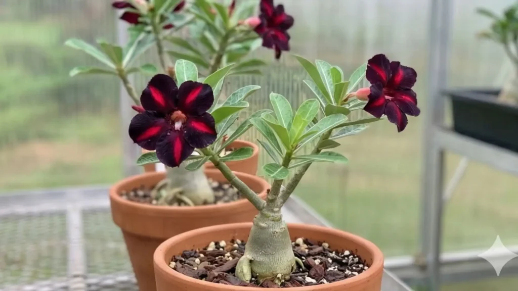 Rosa do deserto viúva negra cultivada em vaso, mostrando a planta inteira com caudex visível e flores escuras com listras vermelhas