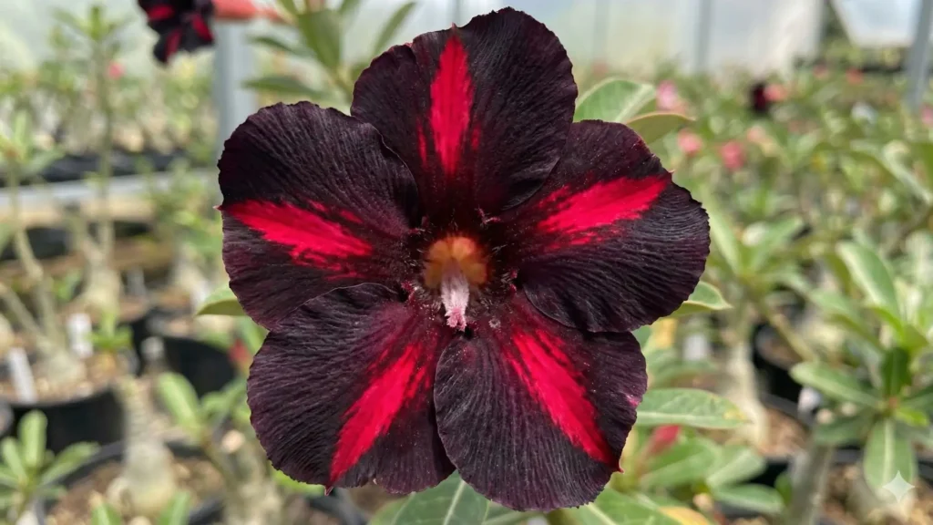 Flor da Rosa do Deserto Viúva Negra com pétalas muito escuras e veios vermelhos intensos, exemplificando por que essa variedade é considerada rara no cultivo.