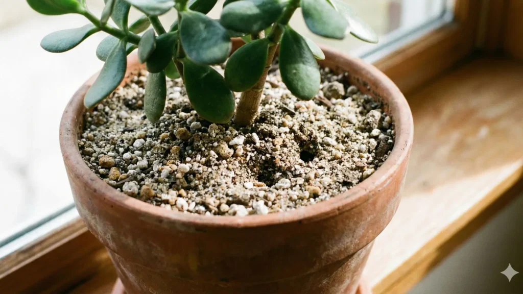 Detalhe do solo bem drenado em vaso de barro para cultivo de suculenta jade