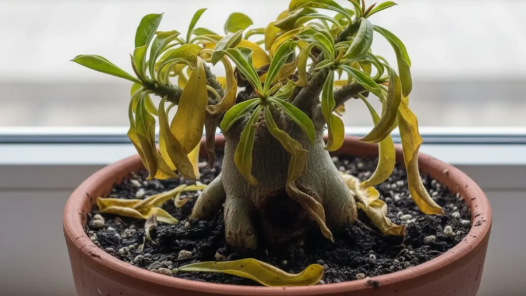 Rosa do deserto com folhas amareladas e caídas, cultivada em substrato encharcado e sem drenagem adequada, situação comum que exige entender como salvar rosa do deserto apodrecendo.