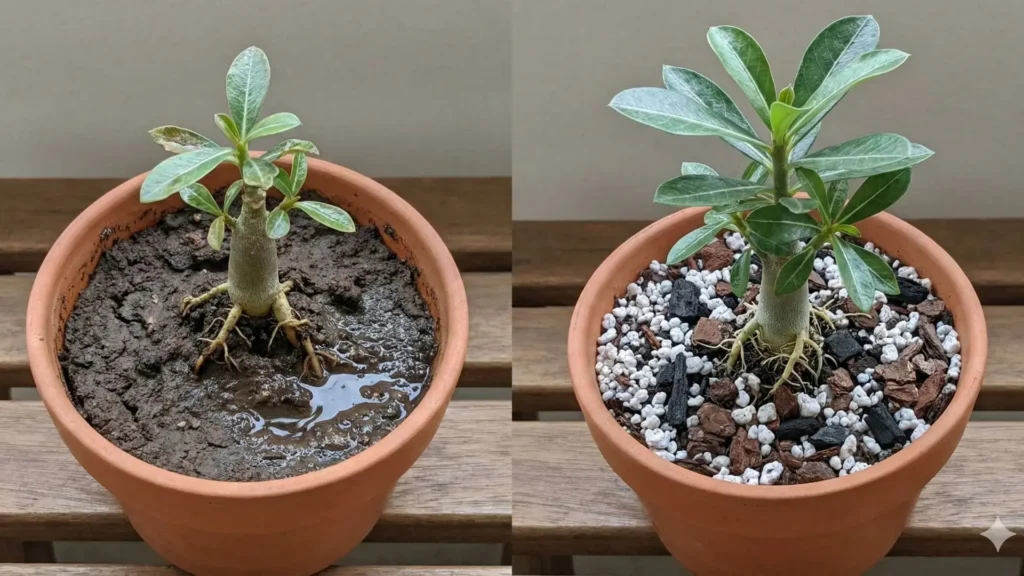 Substrato errado no cultivo de muda de rosa do deserto, mostrando comparação entre solo encharcado e substrato drenável adequado para enraizamento saudável.