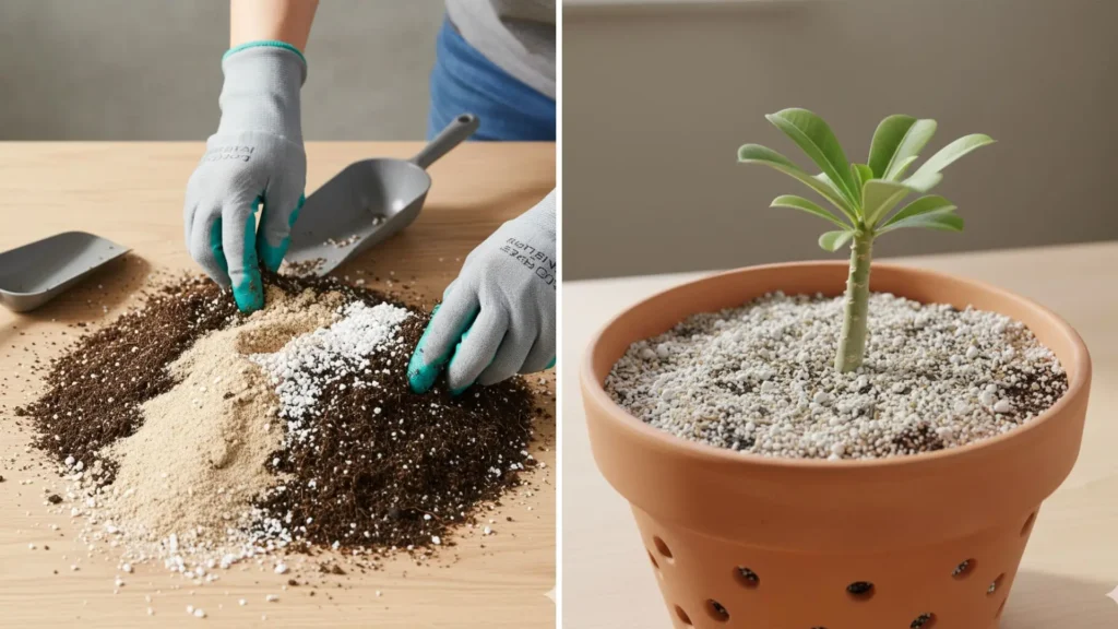 Substrato ideal para enraizamento da muda de rosa do deserto, mostrando mistura leve e drenável e estaca plantada corretamente, etapa essencial de como fazer muda de rosa do deserto.