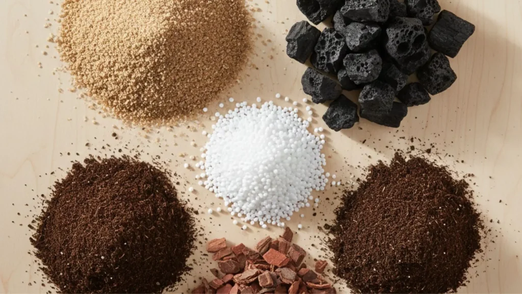 Composição ideal do substrato para rosa do deserto com areia grossa, perlita, carvão vegetal e matéria orgânica