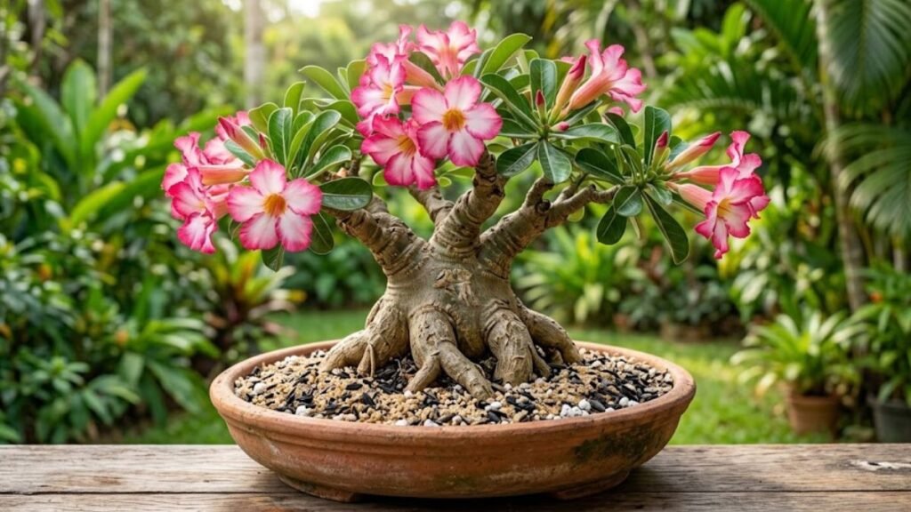 Rosa do deserto florida em vaso com substrato solto e granuloso