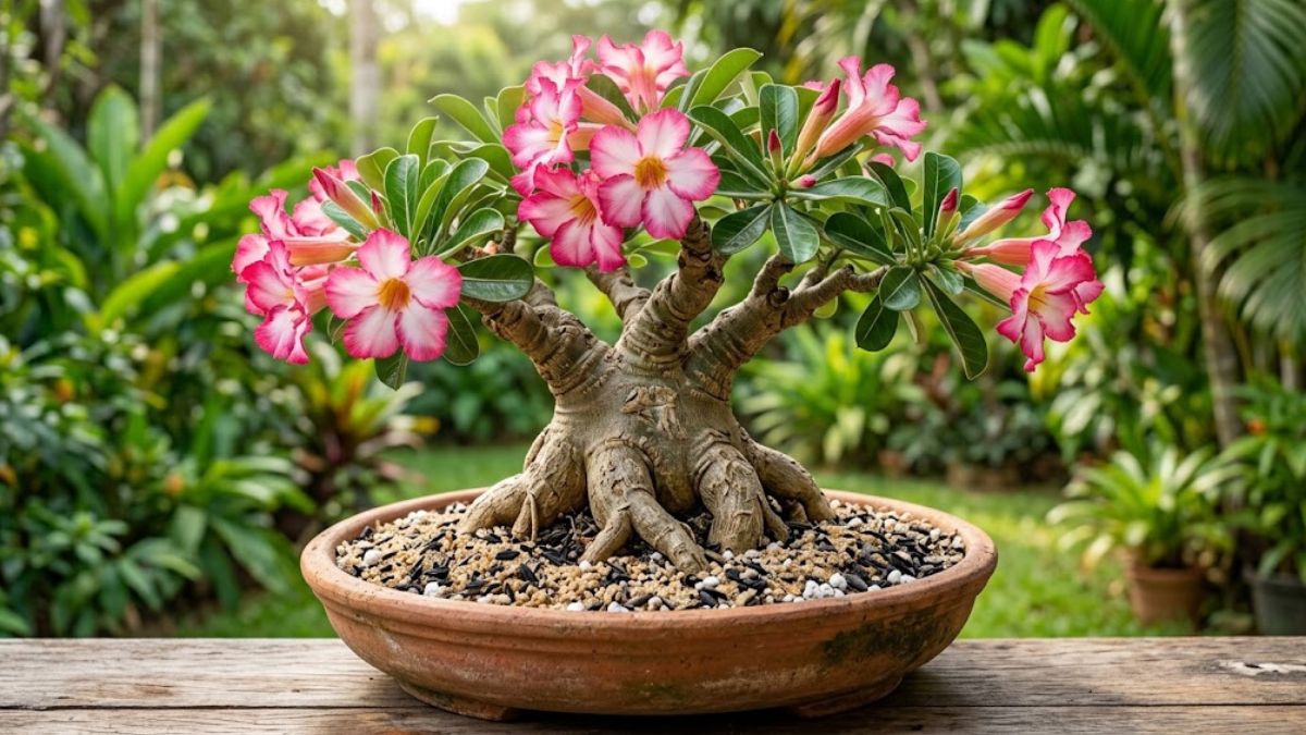 Rosa do deserto florida em vaso com substrato solto e granuloso