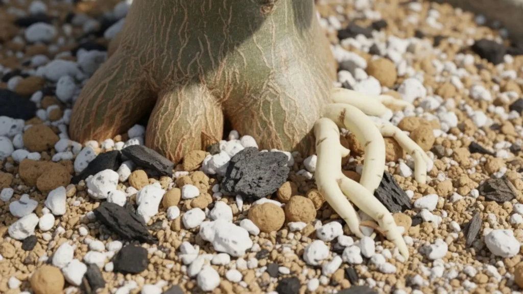 Raízes de rosa do deserto com substrato bem aerado, destacando a importância do meio adequado para o crescimento saudável das raízes.