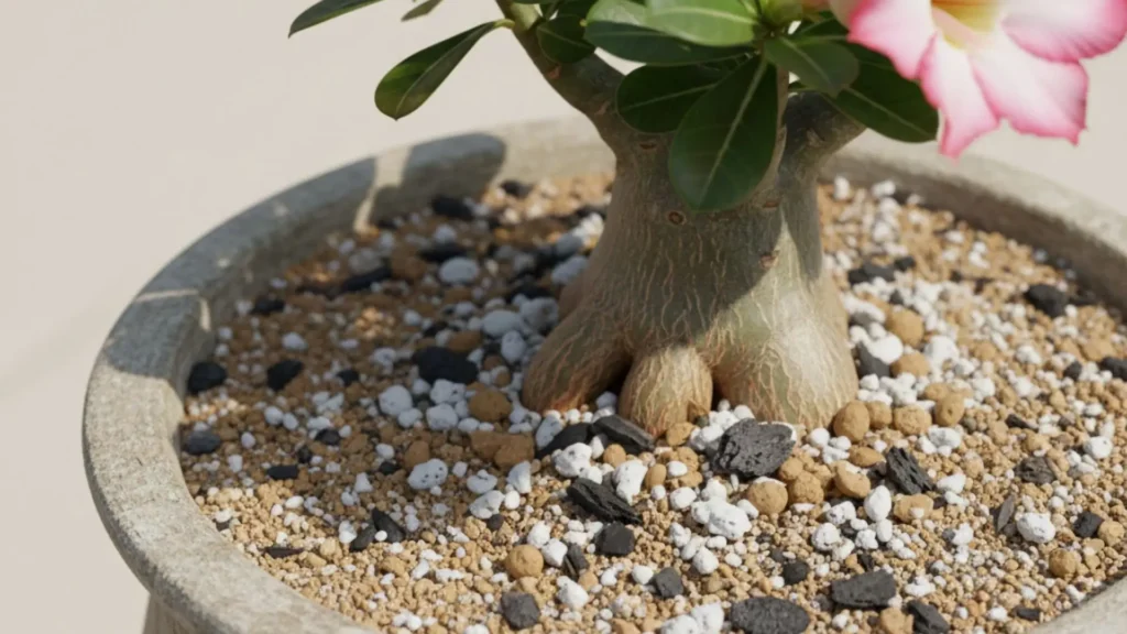 substrato para rosa do deserto com mistura drenável em vaso