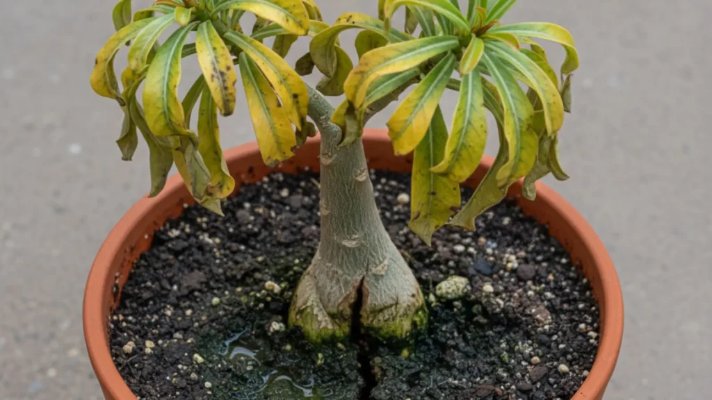 Substrato para rosa do deserto encharcado causando fungos, compactação do solo e folhas amareladas na planta