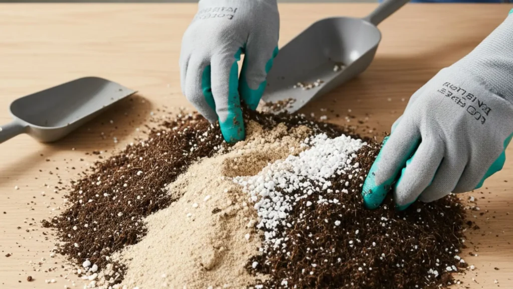 Substrato para rosa do deserto sendo preparado com materiais drenáveis e bem aerados, essenciais para o desenvolvimento saudável das raízes