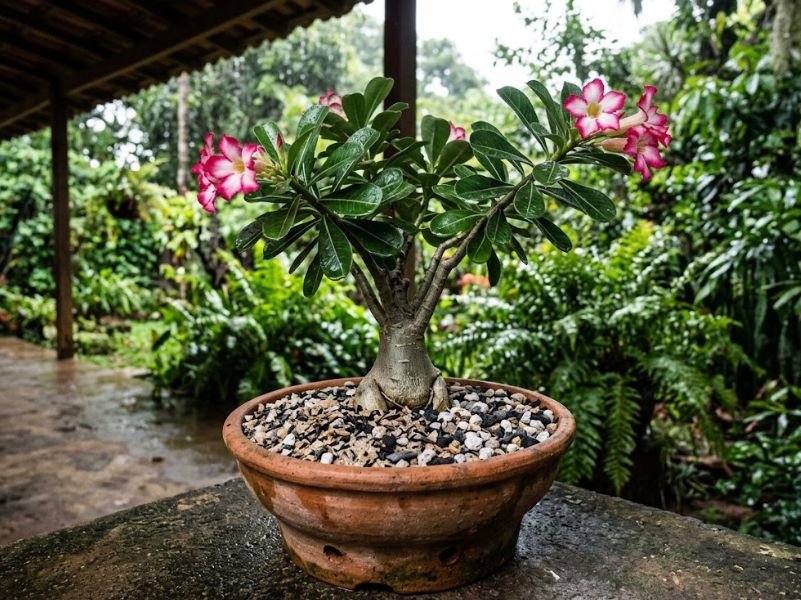Rosa do deserto protegida da chuva em varanda coberta e ventilada