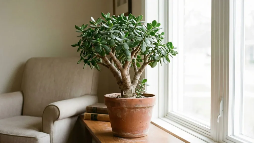 Suculenta jade adulta cultivada em vaso de barro, com tronco grosso e copa bem desenvolvida próxima à janela