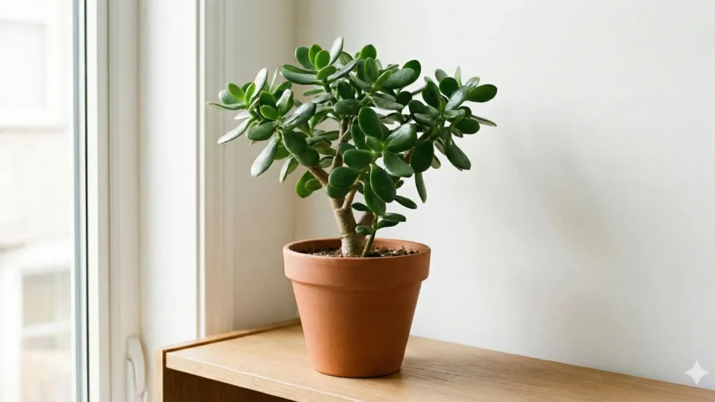 Suculenta jade adulta em vaso de barro posicionada próxima à janela com luz natural