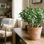 Suculenta jade adulta em vaso de cerâmica posicionada sobre móvel de madeira ao lado de uma janela com luz natural