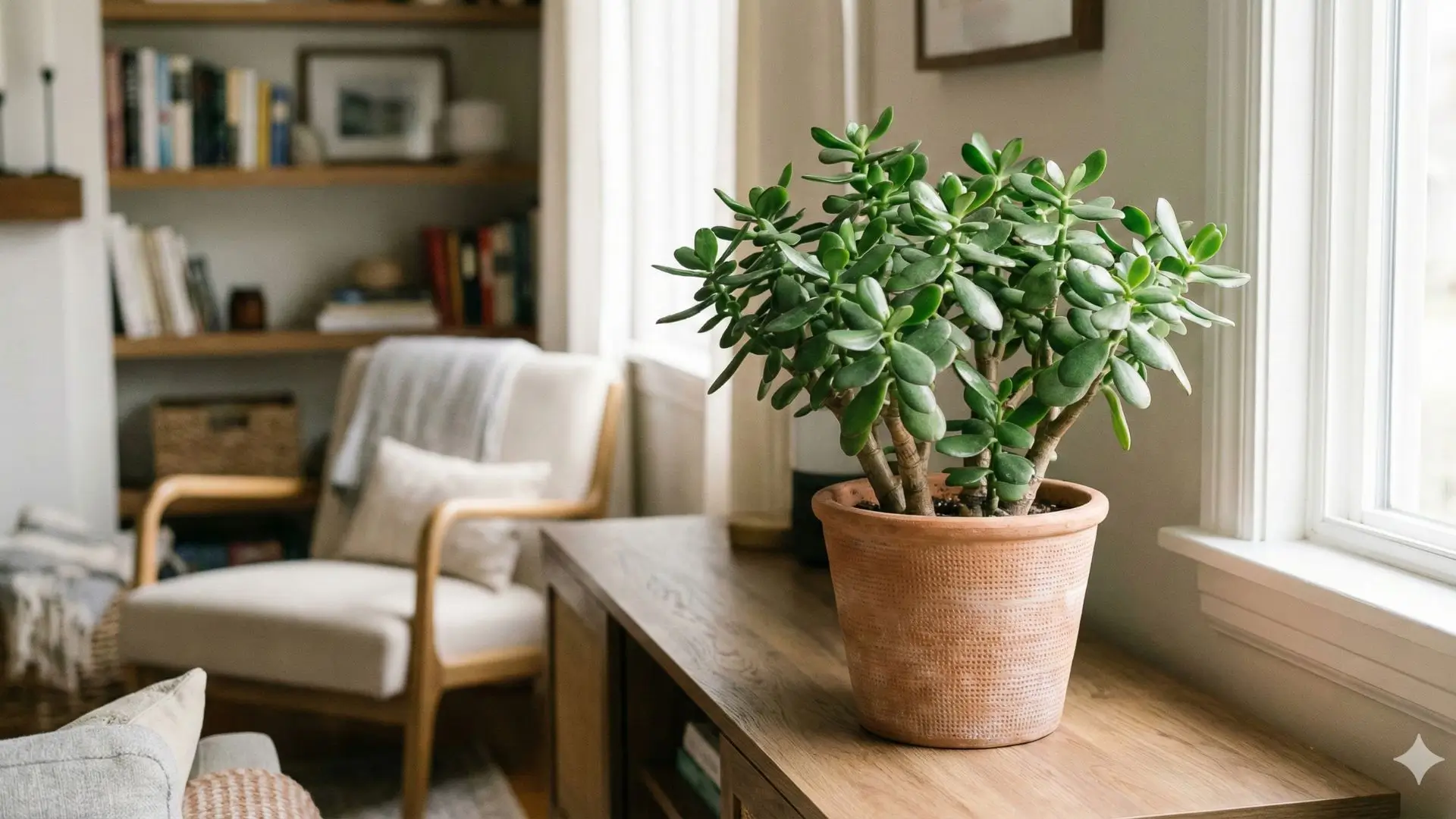 Suculenta jade adulta em vaso de cerâmica posicionada sobre móvel de madeira ao lado de uma janela com luz natural