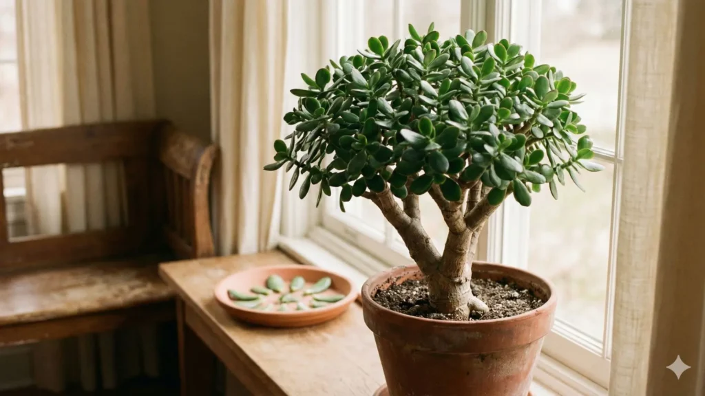 Suculenta jade adulta cultivada em ambiente interno, representando estabilidade, crescimento natural e continuidade do cultivo