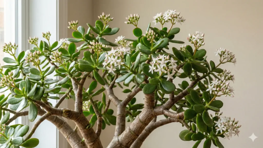 Suculenta jade adulta com flores brancas florescendo após período de sol intenso e inverno mais seco